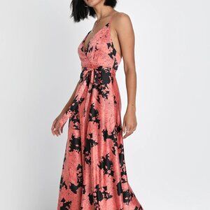 Lulus Tea Garden Rusty Rose Floral Print Satin Maxi Dress